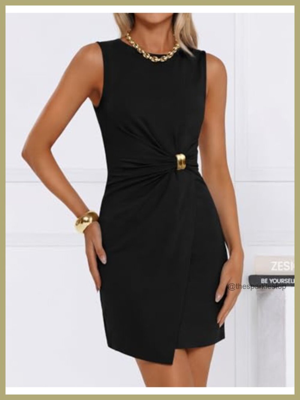 Sleeveless Bodycon Mini Dress Crew Neck Gold Detail Formal Cocktail Party - Picture 4 of 6